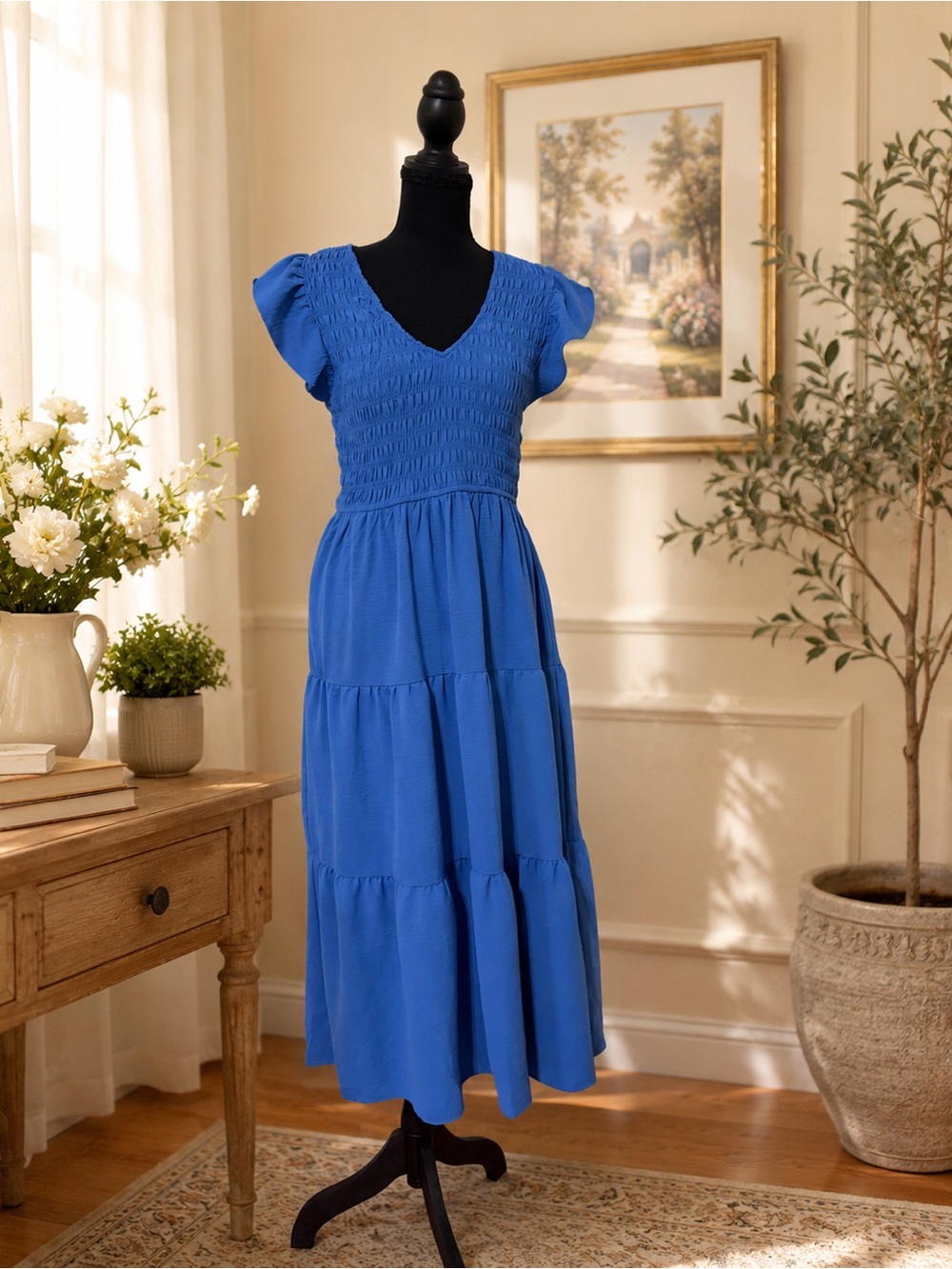 Blu Pepper Royal Blue Smocked V-Neck Tiered Midi Dress